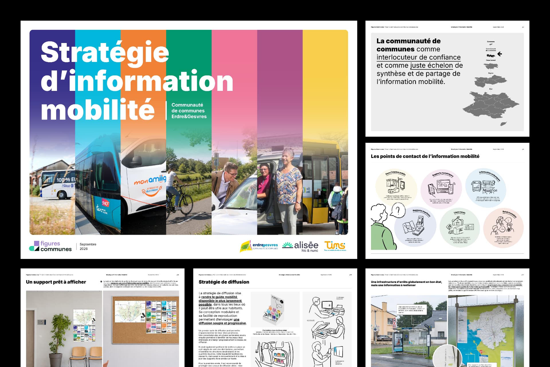 Planches de la « Stratégie d’information mobilité » : couverture et pages intérieures consacrées aux points de contact, à la stratégie de diffusion et au diagnostic des arrêts