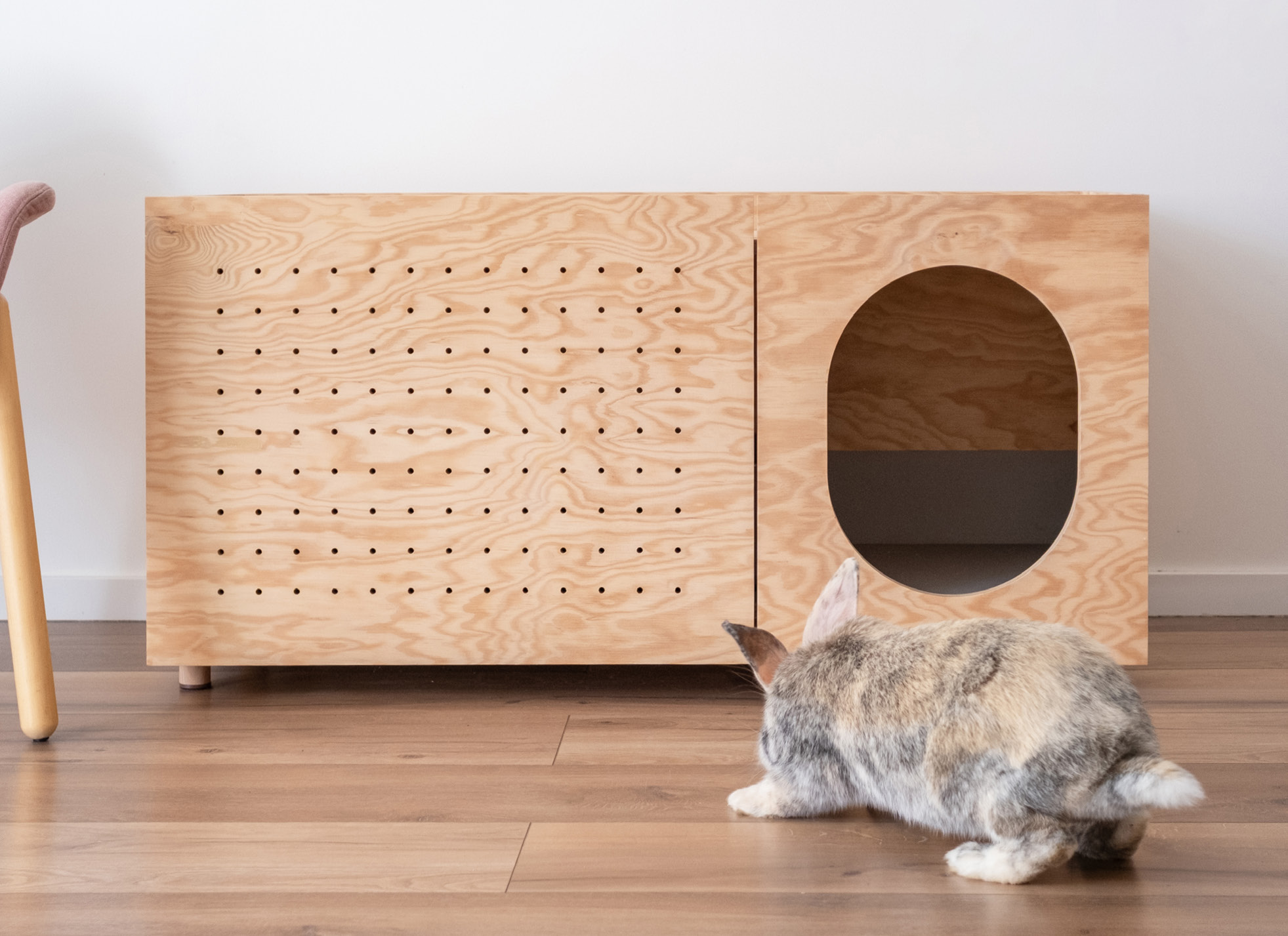 Meuble-litière en Tebopin installé dans un salon, un lapin devant les portes perforées